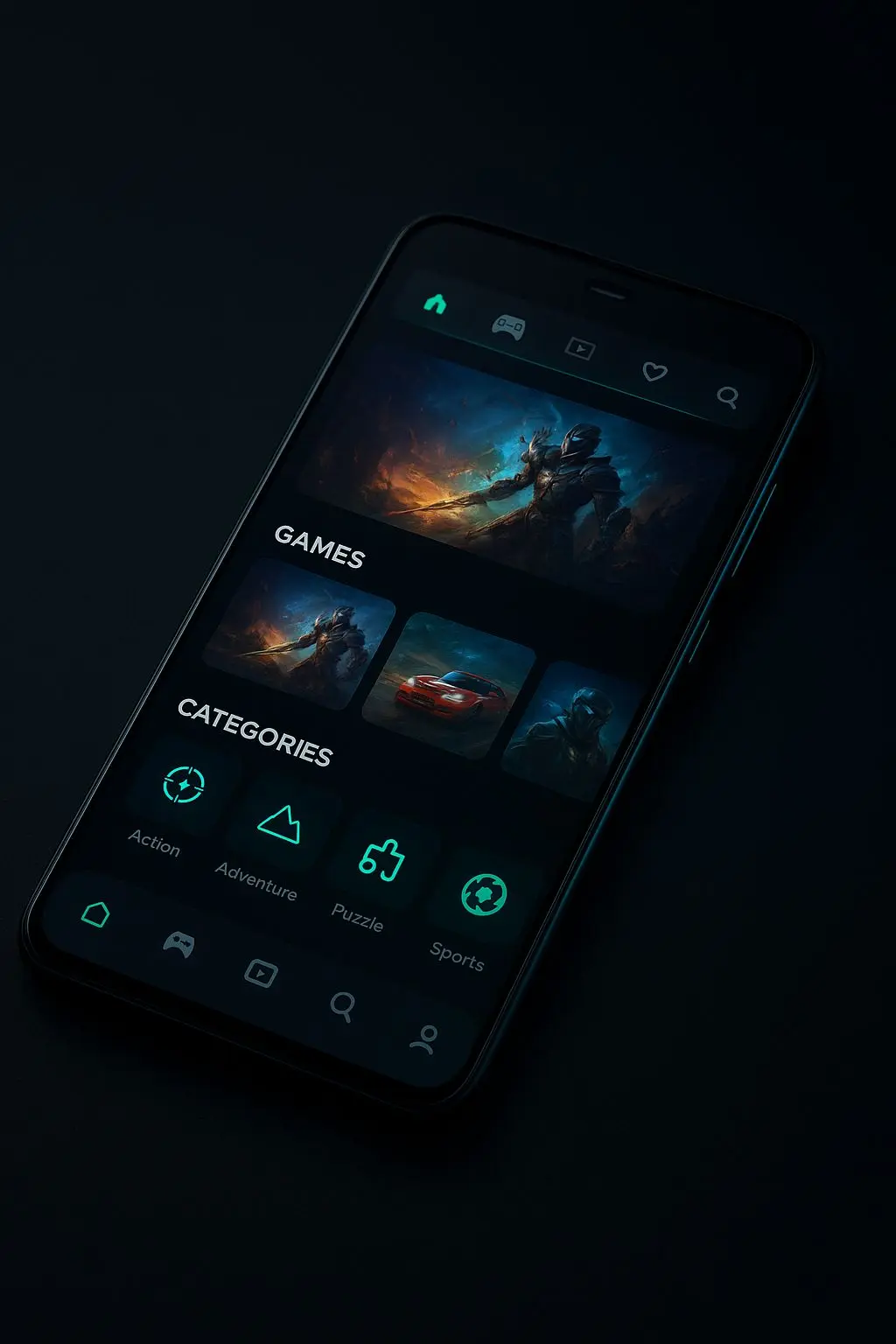 Android phone showing a mobile app home screen with game categories