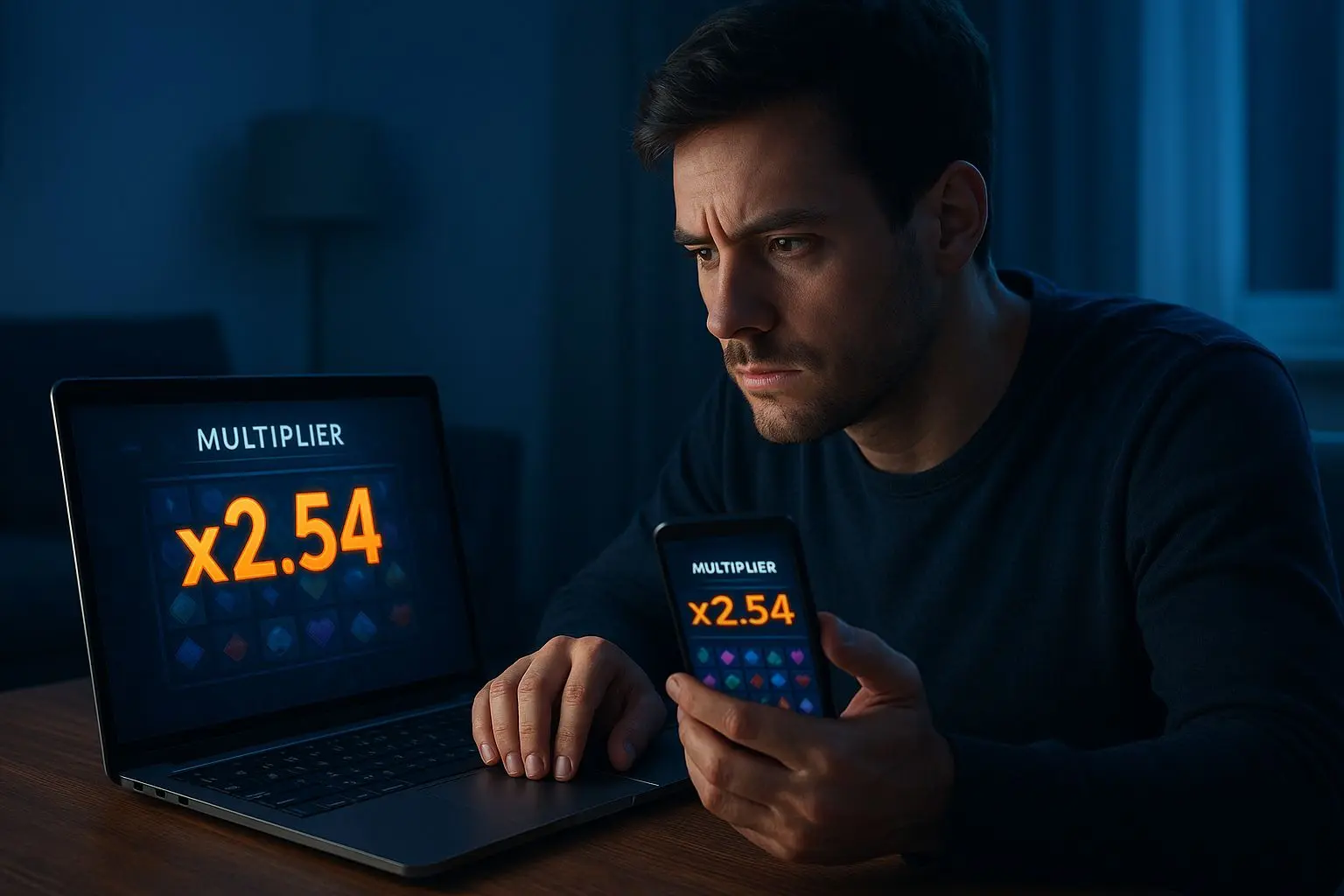 Player focused on mobile and laptop crash game session
