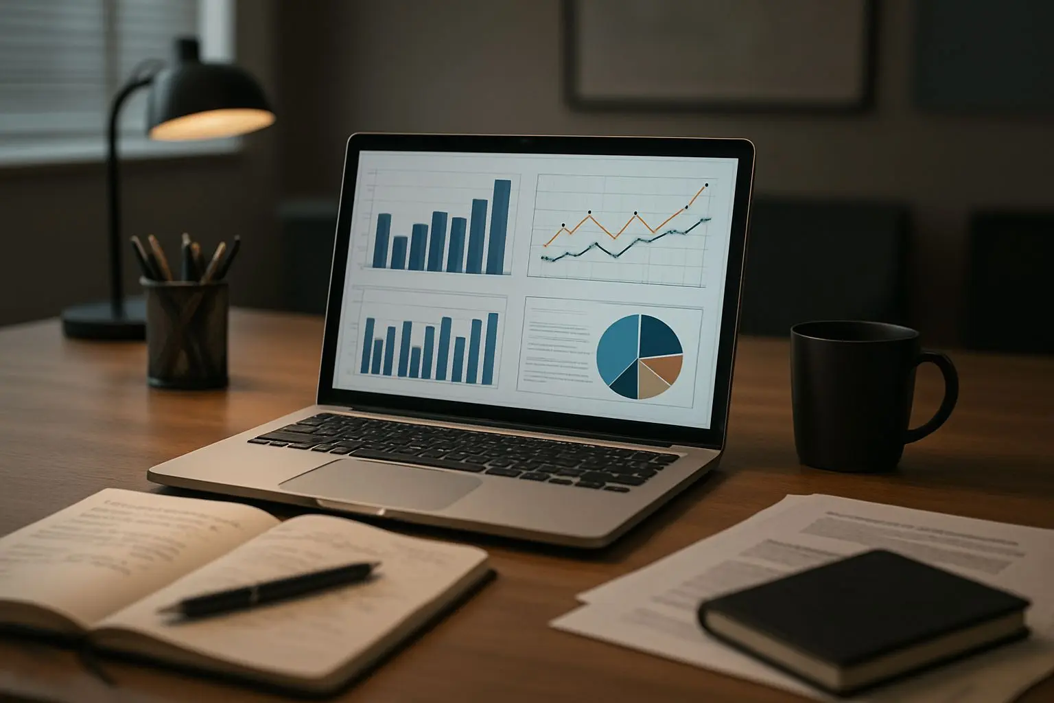 Fictional gaming analyst workspace with charts and laptop