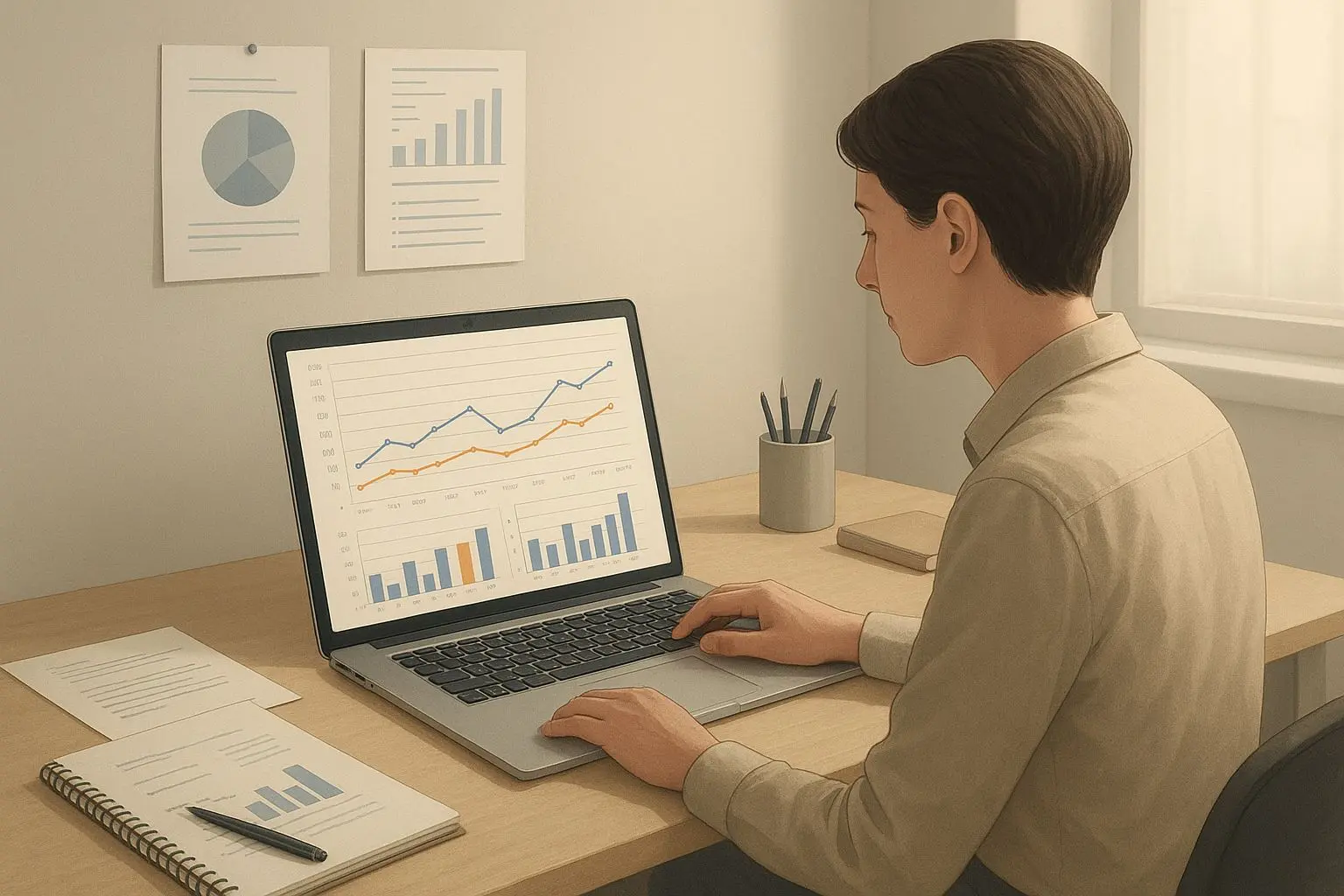 Author profile visual with fictional analyst workspace and research notes