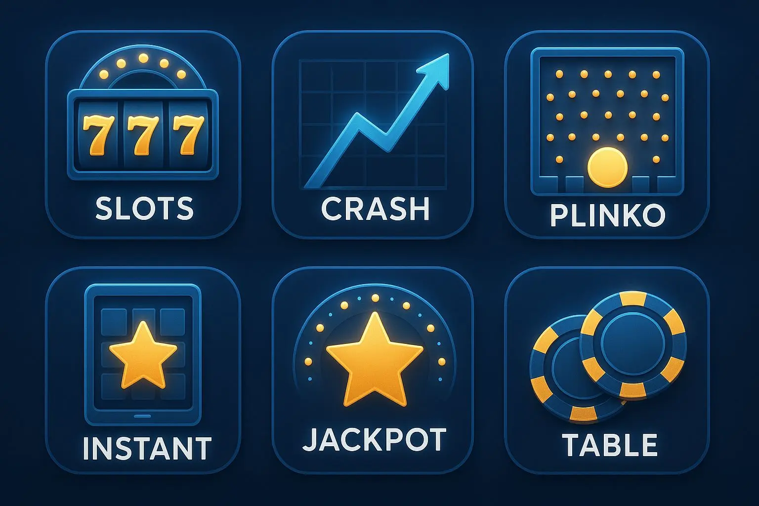 BetX game categories shown as icon grid including slots crash Plinko instant and table games