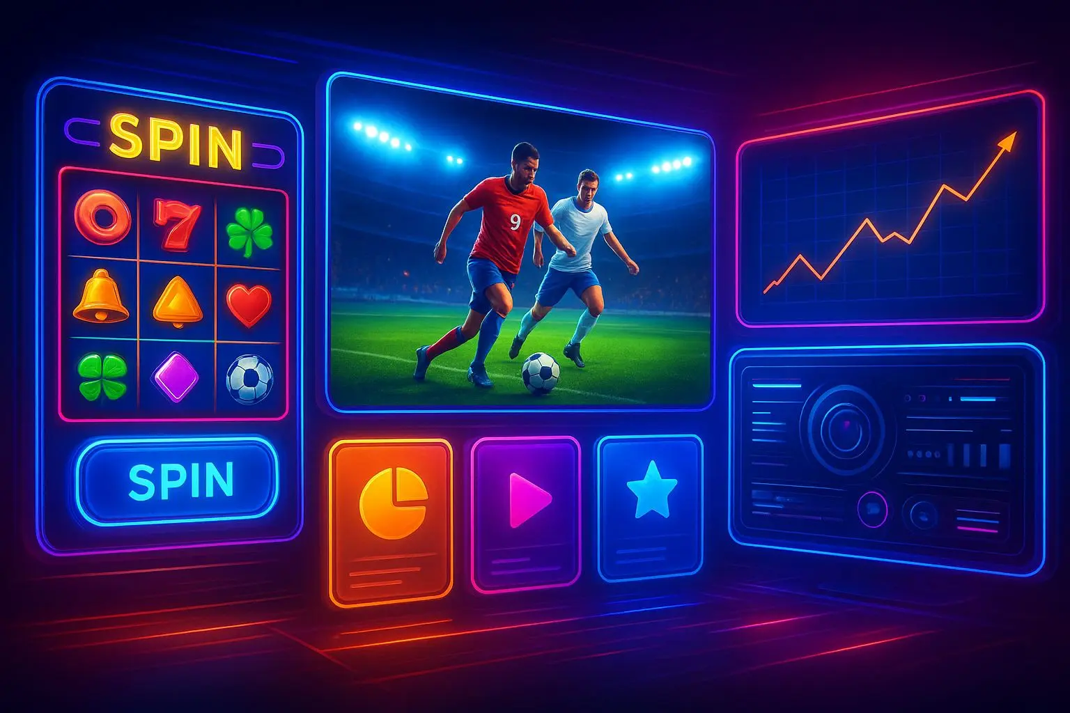 BetX Game Categories Game variety visual with slots, virtual football, and crash chart interface