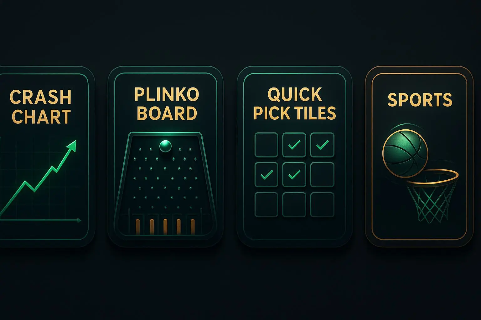 Cards showing BetX instant game types like crash, plinko and quick pick