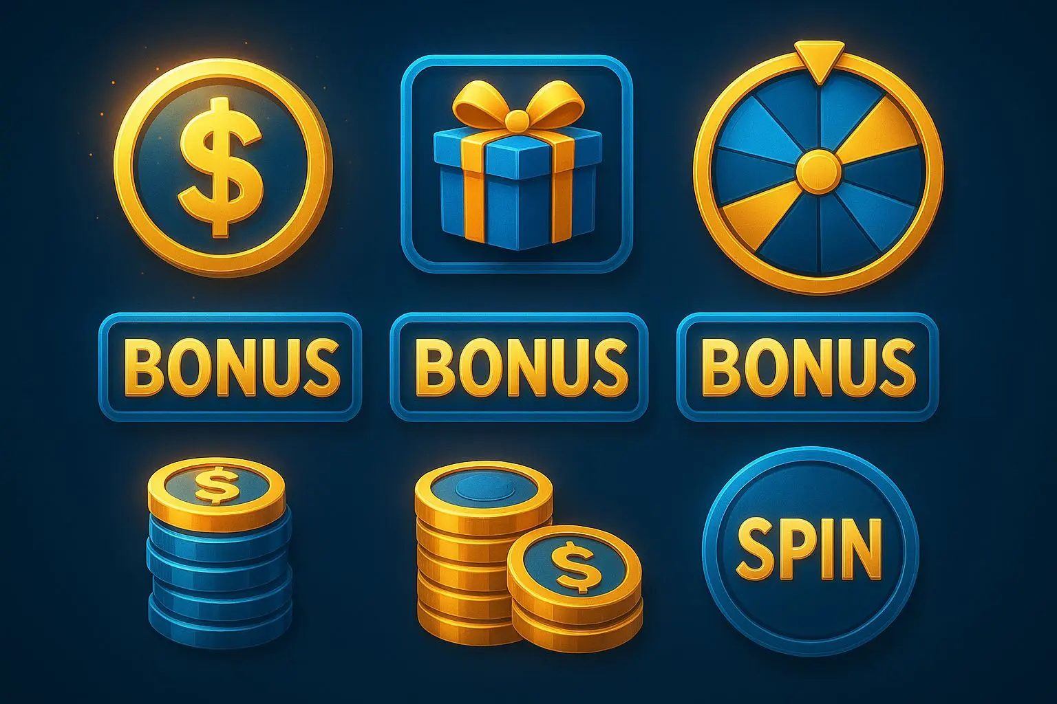 Bonuses for Jackpot Slot Play Bonus-themed slot symbols with coins and spins concept