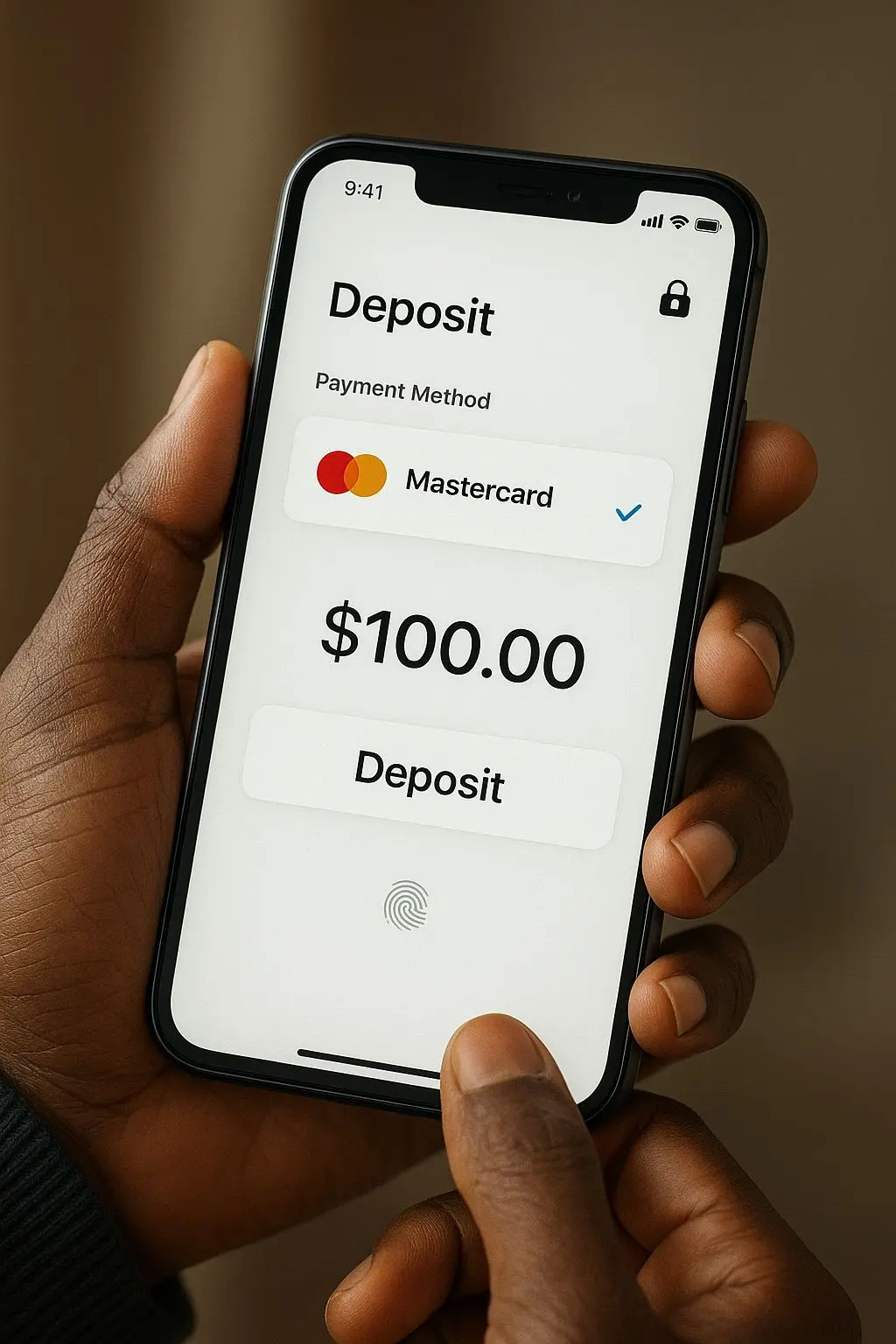 Mobile Mastercard payments on BetX app Smartphone showing BetX-style Mastercard deposit screen