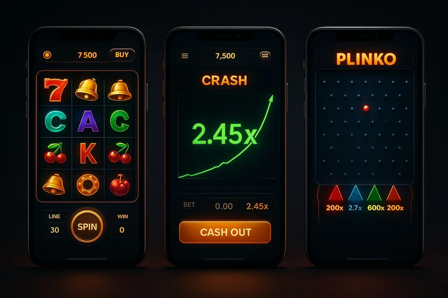 Smartphone collage with slot, crash-style and plinko-style game screens