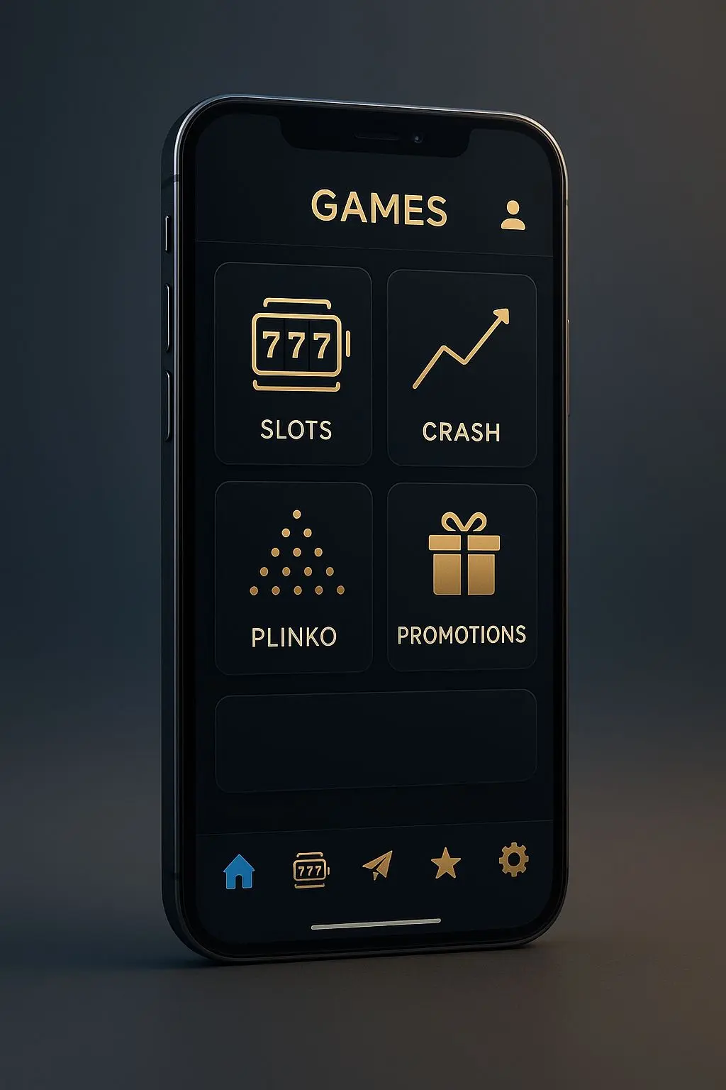 Smartphone with BetX-style mobile interface showing Slots, Crash, Plinko and Promotions