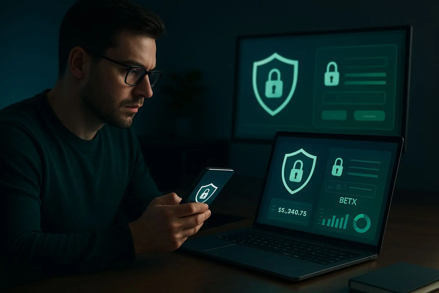 Safety and responsible wallet use on BetX Secure wallet use with phone, laptop, and protection icons