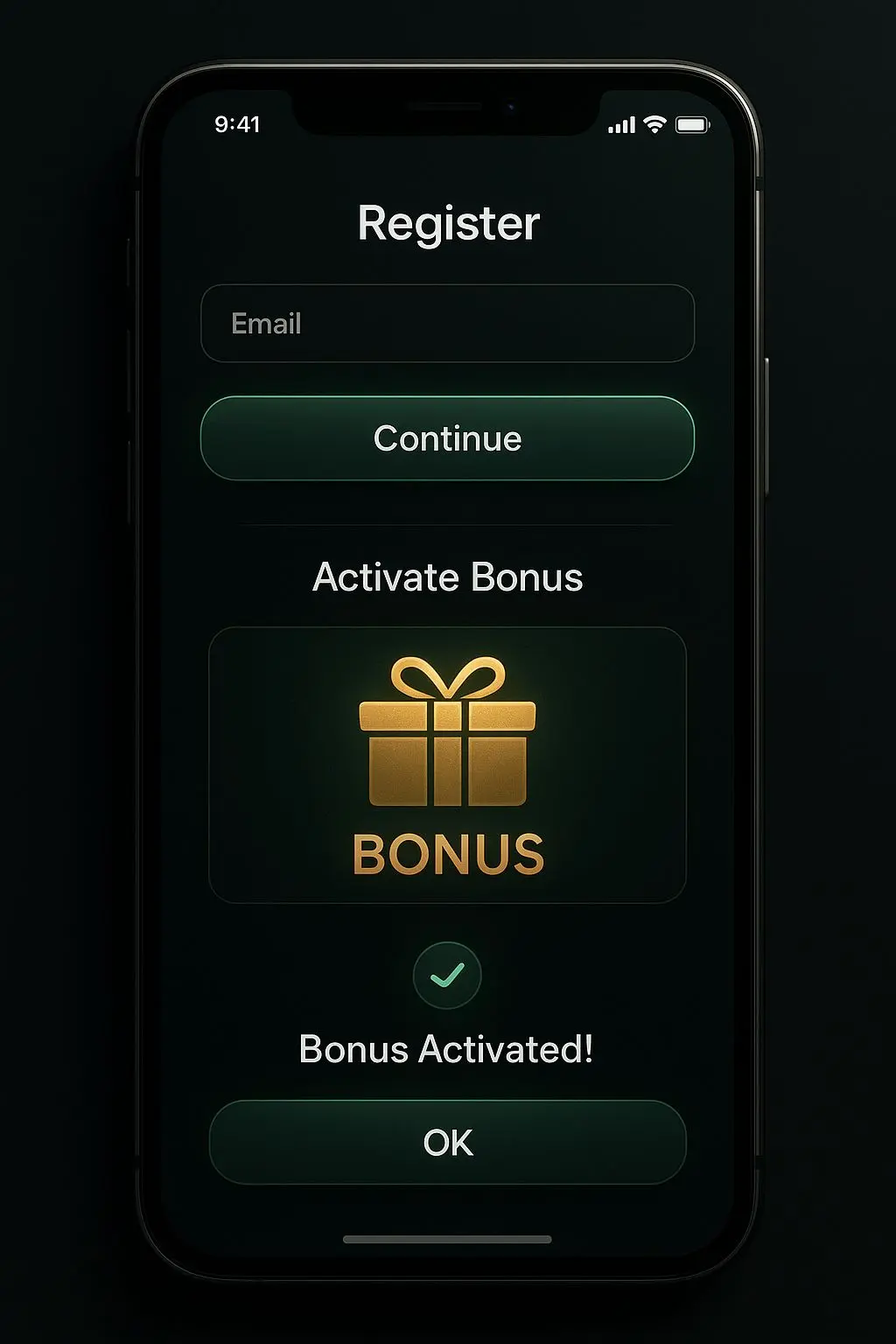 Mobile interface showing registration and bonus activation flow