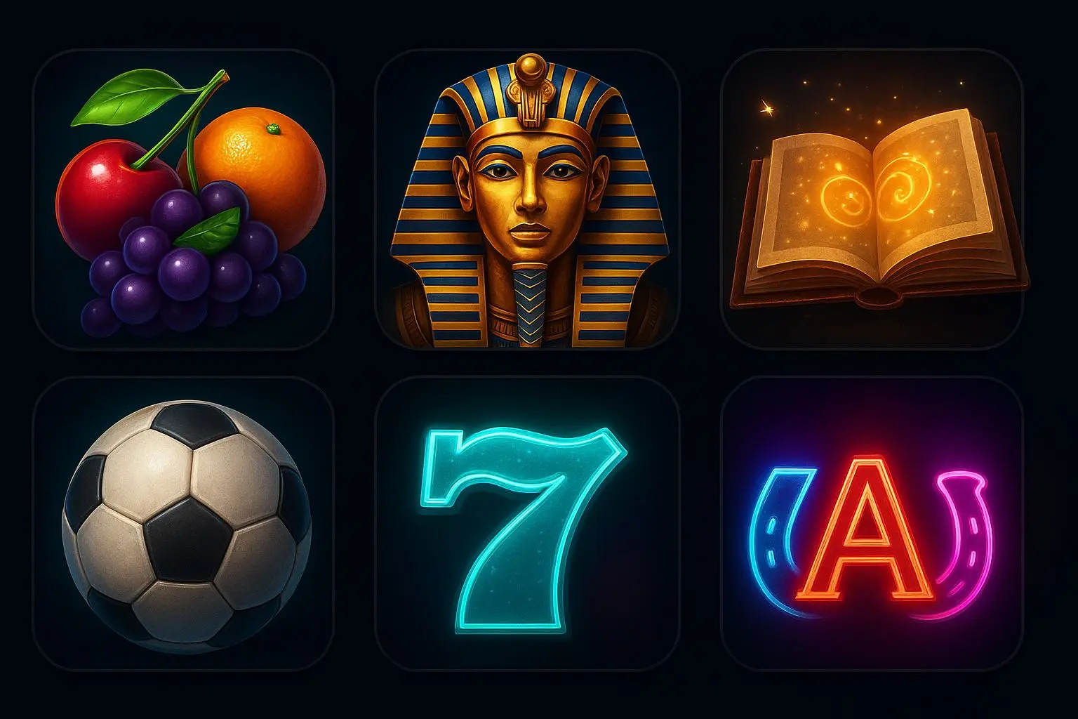 Collage of popular slot themes including fruits, Egypt, fantasy, sports and futuristic symbols