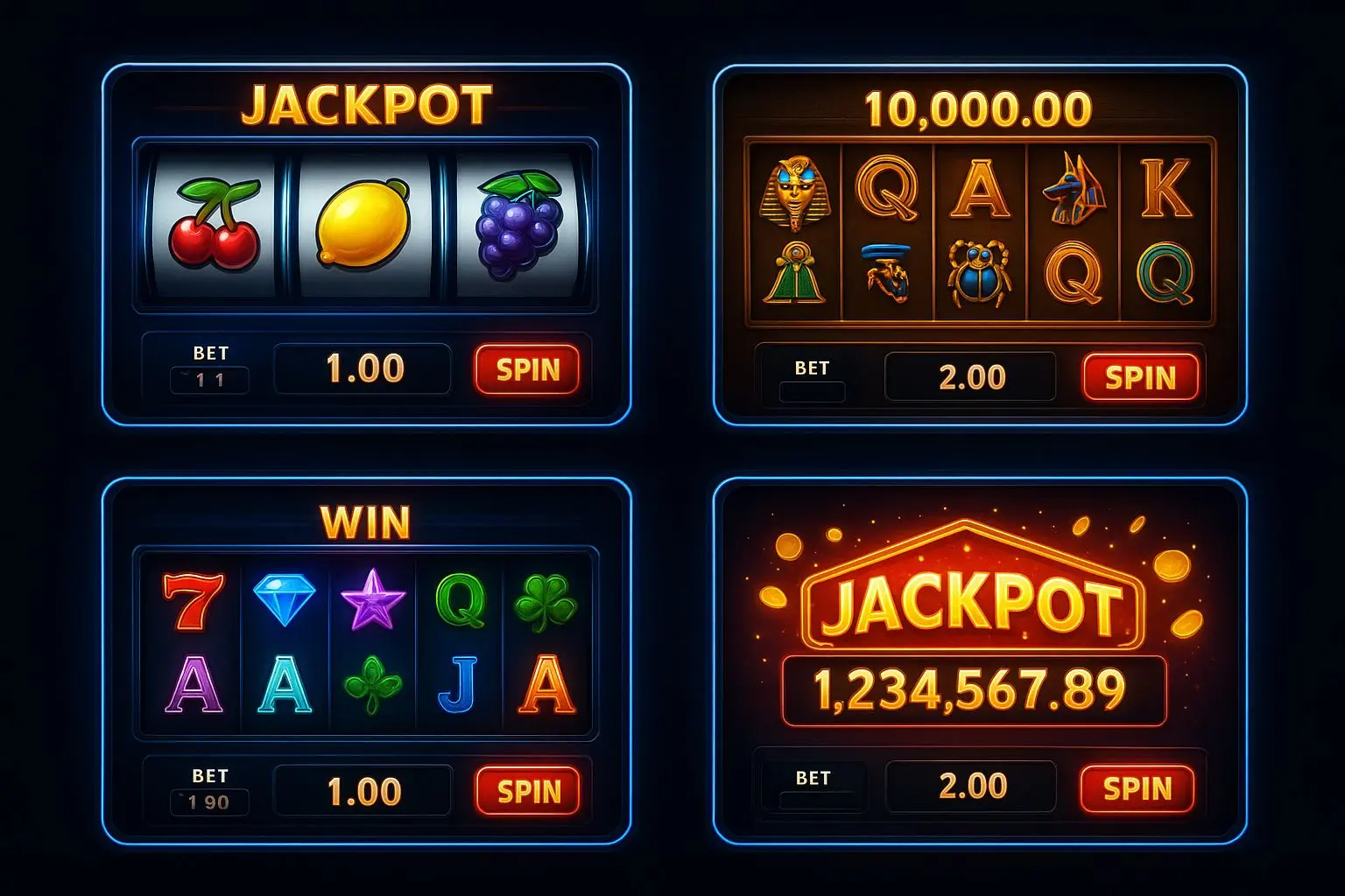 Different types of online slots shown in a themed game grid