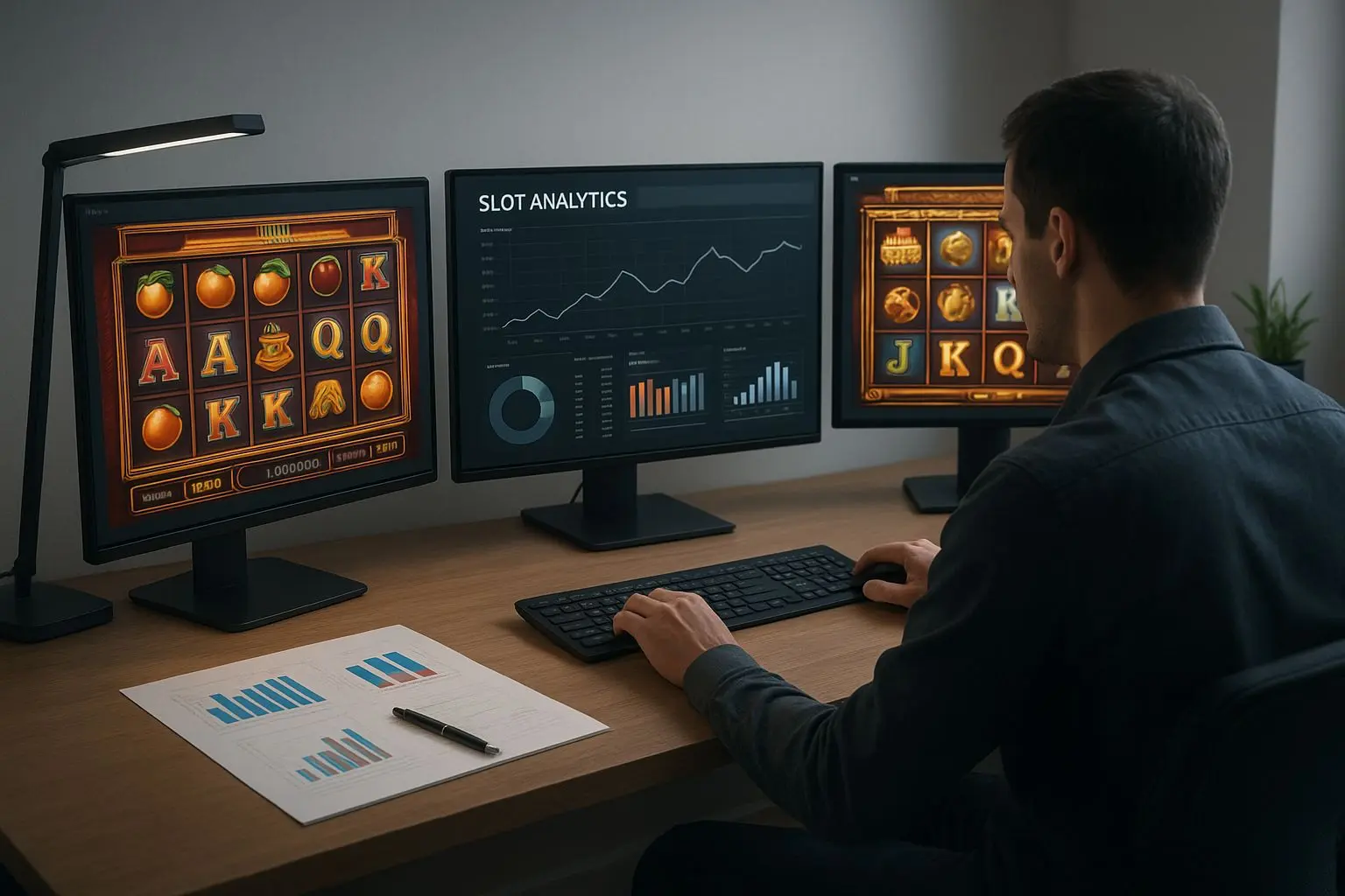 Fictional analyst reviewing slot game data on screens