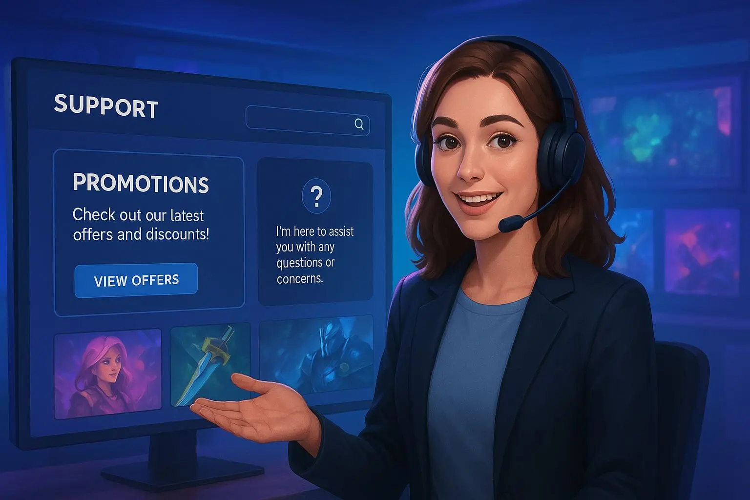 Support agent explaining bonus and game help on a digital platform interface