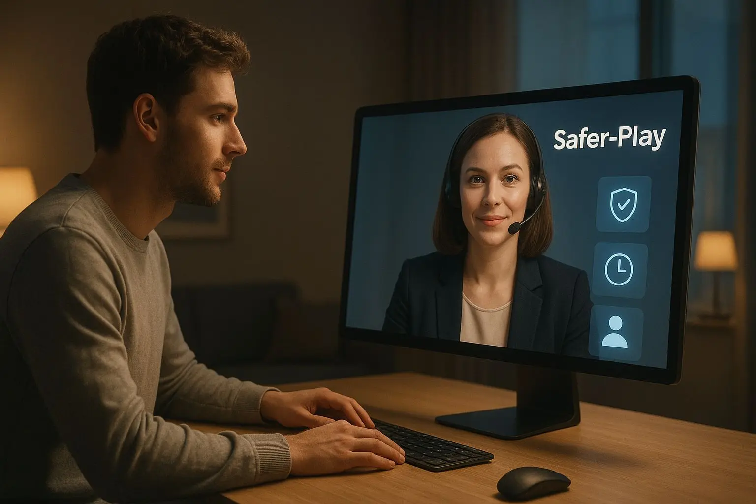 Player discussing safer play options with support in a calm digital setting